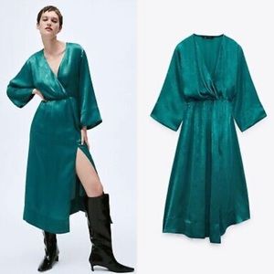 ZARA SATIN EFFECT MIDI TEAL DRESS